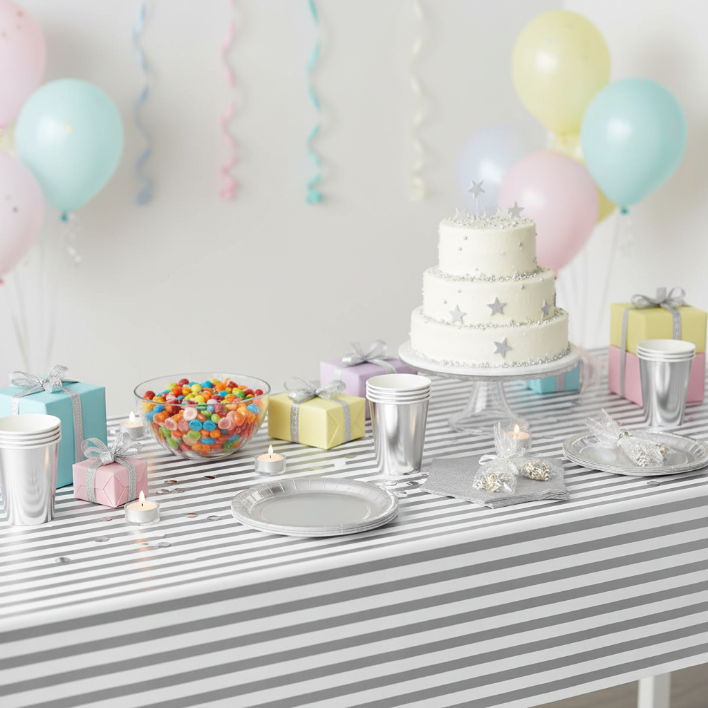 Silver and White Stripped Table Cover